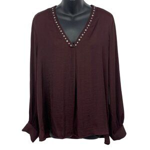Vince Camuto Stud V-Neck Tunic Blouse Large Burgundy Beaded Long Sleeve NWT New